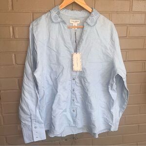 NWT Vintage Laura Ashley Linen Large Cuff Embroidered Collar Button Down Top